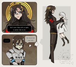 !? ... 3girls android ange_(angeban93) ariane_yeong armor black_hair blue_eyes commentary elster_(signalis) english_commentary english_text facial_mark falke_(signalis) forehead_mark hair_between_eyes halo height_difference highres joints laurel_crown lifting_person long_hair mechanical_arms mechanical_legs multiple_girls robot_joints short_hair shoulder_armor signalis speech_bubble sweatdrop tall_female tank_top white_hair