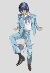 Rule 34 | 1boy, 1girl, absurdres, atlus, blue hair, dark-skinned male, dark skin, fairy, fairy wings, formal clothes, gallica (metaphor: refantazio), heterochromia, hhhuzh, highres, metaphor: refantazio, protagonist (metaphor: refantazio), suit, wings