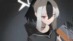 1girl absurdres black_choker black_hair black_hoodie black_shirt black_umbrella blue_archive choker closed_mouth commentary hair_between_eyes highres holding holding_umbrella hood hoodie kayoko_(blue_archive) long_hair looking_at_viewer multicolored_hair ponytail red_eyes shirt sidelocks smile solo toriko_(honmono) two-tone_hair umbrella upper_body white_hair