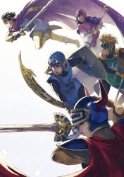 1980s_(style) 1girl 4boys armor blonde_hair brown_hair cape dragon_quest dragon_quest_i dragon_quest_ii dragon_quest_iii fake_horns goggles goggles_on_head helmet hero_(dq1) highres holding holding_shield holding_staff holding_sword holding_weapon horned_helmet horns in-franchise_crossover mage_staff multiple_boys oldschool prince_of_lorasia prince_of_samantoria princess_of_moonbrook purple_hair roto_(dq3) serious shield simple_background spiked_hair staff sword tsubo_jiro weapon