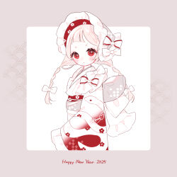 1girl 2025 absurdres akiponv blush bonnet bow braid chinese_zodiac frilled_sleeves frills hair_bow happy_new_year highres japanese_clothes kimono long_hair long_sleeves looking_at_viewer nengajou new_year obi original red_eyes sash short_eyebrows snake_print solo twin_braids white_hair year_of_the_snake