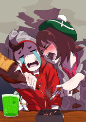 1boy 1girl absurdres alcohol angry ashtray beret blush bob_cut bottle brown_hair cigarette collared_shirt crying drink drinking drinking_straw drunk face-to-face gen_8_pokemon gloria_(pokemon) gomesu_(gomes0343) green_headwear grey_sweater hat highres melon_soda nintendo open_mouth pokemon pokemon_(creature) pokemon_swsh pom_pom_(clothes) pouring red_shirt scorbunny shirt shouting smoke sweater t_t tam_o&#039;_shanter tears victor_(pokemon) woollen_cap