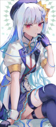 1girl :o arm_support beret blue_gloves blue_hair blue_hat blue_ribbon blue_skirt blue_thighhighs blush breasts colored_inner_hair colored_lapels crossed_legs crown_hat_ornament eyelashes feet_out_of_frame glove_ribbon gloves hair_ornament half_gloves halo halo_behind_head hand_to_own_mouth hand_up hat highres idol_clothes inaeda_kei jacket lips lize_helesta long_hair long_sidelocks looking_at_viewer medium_breasts miniskirt multicolored_hair neck_ribbon nijisanji pink_eyes ribbon sanbaka_anniversary_outfit short_sleeves sidelocks single_wrist_cuff sitting skirt solo streaked_hair string_around_finger thigh_strap thighhighs twitter_username two-tone_hair very_long_hair virtual_youtuber white_background white_hair white_jacket white_wrist_cuffs wrist_cuffs wrist_ribbon zettai_ryouiki