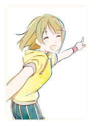 1girl :d ^_^ artbook blue_shorts chromatic_aberration closed_eyes cowboy_shot drawstring grey_hair hair_ornament hairclip highres hood hood_down hoodie love_live! love_live!_nijigasaki_high_school_idol_club nakasu_kasumi neo_sky_neo_map!_(love_live!) non-web_source official_art open_mouth pointing short_hair short_sleeves shorts simple_background skirt smile solo striped_clothes striped_skirt white_background wristband x_hair_ornament yellow_hoodie