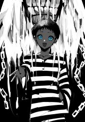 1boy blue_eyes chain collarbone cowboy_shot greyscale hand_in_pocket highres long_sleeves looking_at_viewer male_focus monochrome open_mouth outstretched_arm outstretched_hand persona persona_3 pharos shirt short_hair spot_color striped_clothes striped_shirt teeth teketeke_(tasutekete) thanatos_(persona)