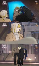 1girl 2boys black_coat black_pants blonde_hair blue_scarf brown_jacket carrying coat copyright_request demian_(project_moon) hair_over_one_eye highres jacket korean_text kromer_(project_moon) limbus_company long_sleeves multicolored_hair multiple_boys ohzv open_mouth pants project_moon ribbed_sweater scarf short_hair sinclair_(project_moon) streaked_hair sweater translation_request white_hair white_sweater