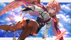 Rule 34 | 1girl, ascot, barcy, bird girl, black footwear, black gloves, black hairband, black shorts, blue eyes, blue sky, bob cut, breast zipper, breasts, brown hairband, brown pantyhose, buckle, cape, chest harness, closed mouth, cloud, cloudy sky, collared shirt, commentary, day, double-parted bangs, dress shirt, falling, falling feathers, feathers, fingerless gloves, fingernails, gloves, hair between eyes, hairband, harness, head wings, high-waist shorts, highres, hololive, leather shorts, letter, letterboxed, light particles, long sleeves, looking at viewer, medium breasts, necktie, outstretched arm, outstretched hand, pantyhose, pantyhose under shorts, parted hair, pink hair, puffy long sleeves, puffy sleeves, reaching, reaching towards viewer, red cape, red necktie, shirt, short hair, shorts, sky, sleeve garter, smile, solo, sun, sunlight, takane lui, takane lui (1st costume), taut clothes, thigh strap, underbust, virtual youtuber, whip, white ascot, white shirt, wind, wing collar, winged footwear, wings