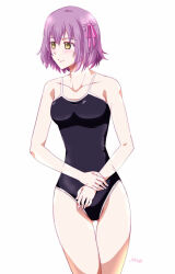 1girl artist_name black_one-piece_swimsuit breasts double-parted_bangs hair_between_eyes hair_ribbon highleg highleg_one-piece_swimsuit kurashiki_shiori one-piece_swimsuit purple_hair ribbon short_hair simple_background small_breasts smile solo swimsuit tokyo_xanadu white_background xiacheng_tatsuya yellow_eyes