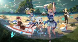 1boy 4girls absurdres aether_(genshin_impact) ball barbara_(genshin_impact) barbara_(summertime_sparkle)_(genshin_impact) beachball blonde_hair blue_eyes bubble bug butterfly genshin_impact hair_between_eyes hat highres holding holding_ball holding_beachball insect jean_(genshin_impact) jean_(sea_breeze_dandelion)_(genshin_impact) klee_(genshin_impact) mountain multiple_girls ocean paimon_(genshin_impact) ponytail siblings sidelocks sisters skavenprime slime_(creature) slime_(genshin_impact) smile twintails