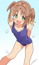 1girl :d arms_behind_back bare_arms bare_legs bare_shoulders blue_background blue_one-piece_swimsuit blush_stickers breasts brown_hair collarbone colored_inner_hair commentary covered_navel diamond-shaped_pupils diamond_(shape) gradient_background green_eyes hair_intakes highres leaning_forward medium_hair multicolored_hair noyama_takenoko oka_asahi old_school_swimsuit one-piece_swimsuit onii-chan_wa_oshimai! open_mouth orange_hair school_swimsuit simple_background small_breasts smile solo swimsuit symbol-shaped_pupils two-tone_hair two_side_up white_background