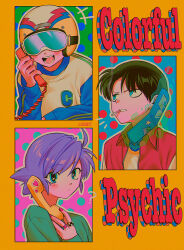 1girl 2boys ? absurdres black_hair blue_eyes blush cellphone character_request cigarette closed_mouth copyright_request goggles helmet highres holding holding_phone jacket long_sleeves looking_at_another looking_at_viewer menma_(enaic31) multiple_boys open_mouth parted_lips phone pink_nails purple_hair red_jacket short_hair smile teeth tongue
