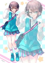 Rule 34 | +++, 1girl, :d, alternate costume, bag, blue eyes, blue shoes, blue vest, brown hair, character name, checkered background, dress shirt, full body, hair ornament, hairclip, highres, hololive, kneehighs, looking at viewer, miniskirt, nishiki yuno, oozora subaru, open mouth, pink skirt, pleated skirt, school bag, school uniform, shirt, shoes, short hair, skirt, sleeves past wrists, smile, sneakers, socks, solo, sweater vest, swept bangs, vest, virtual youtuber, waving, white skirt, white socks, zoom layer