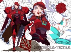Rule 34 | 1girl, 8823, bodysuit, character name, cigar, flower, gerbera tetra, gloves, green eyes, grey hair, gun, gundam, gundam 0083, gundam gp-04 gerbera, hand on own hip, head tilt, highres, holding, holding gun, holding weapon, humanization, looking at viewer, mecha musume, multiple views, red bodysuit, red flower, red gloves, short hair, smoke, smoking, weapon, white flower