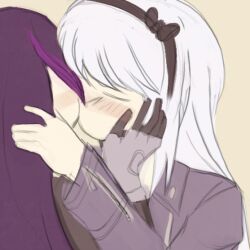 2girls black_bow blush bow eva_(the_hundred_line_-last_defense_academy-) hair_bow kirifuji_nozomi kiss multiple_girls purple_hair simple_background the_hundred_line_-last_defense_academy- white_hair yuri