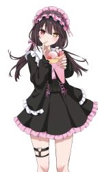 1girl alternate_costume black_dress blush brown_hair closed_mouth date_a_live dress food hair_ribbon heart heart_o-ring heterochromia highres holding holding_food looking_at_viewer o-ring o-ring_thigh_strap parfait pink_ribbon red_eyes ribbon saint_laurent_paris solo thigh_strap tokisaki_kurumi yellow_eyes
