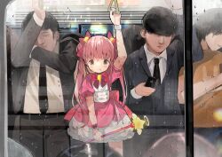 1girl 3others arm_up back_bow bow bowtie brooch brown_eyes closed_mouth commentary_request dress hair_bow hair_ornament hand_grip holding holding_hand_grip holding_wand jewelry long_hair magical_girl multiple_others original pink_bow pink_bowtie pink_dress pink_hair puffy_short_sleeves puffy_sleeves senmen_kinuko short_sleeves smile solo_focus star_(symbol) star_hair_ornament train_interior twintails wand water_drop white_wrist_cuffs wrist_cuffs