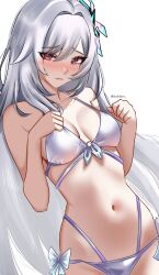 1girl alternate_costume bare_shoulders bikini blush bow breasts breasts_apart closed_mouth commentary genshin_impact hair_between_eyes hands_up helldeer highres long_hair looking_at_viewer medium_breasts navel red_eyes simple_background skirk_(genshin_impact) solo stomach swimsuit twitter_username very_long_hair white_background white_bikini white_bow white_hair