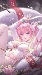 1girl :p absurdres armpits arms_up bangle bracelet branch breasts cherry_blossoms cleavage commentary_request cropped detached_sleeves dress eyeliner falling_petals fingernails floral_print floral_print_dress flower from_side gold_trim green_ribbon green_streaks hair_flower hair_ornament hair_stick hand_in_own_hair highres jewelry knees_up large_breasts long_fingernails long_hair looking_at_viewer lying makeup multicolored_hair nail_polish on_back original petals pink_flower pink_hair pink_nails pointy_ears purple_eyes red_eyeliner ribbon ring scroll sideboob slit_pupils snake solo streaked_hair tassel thigh_strap tongue tongue_out white_dress white_sleeves white_snake yinghuahua