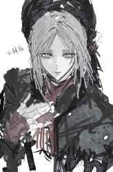 Rule 34 | 1girl, black capelet, black hat, bloodborne, bonnet, capelet, closed mouth, doll joints, dress, grey dress, grey eyes, grey hair, hand on own chest, hand up, hat, highres, joints, kachimashita, light smile, looking at viewer, parted lips, plain doll, simple background, solo, translation request, white background
