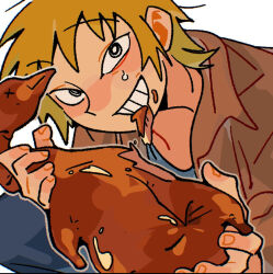 anime_coloring bird blonde_hair duck eating food holding holding_food jacket leather leather_jacket non-web_source open_mouth peking_duck_(food) roast_duck smile teeth upper_teeth_only