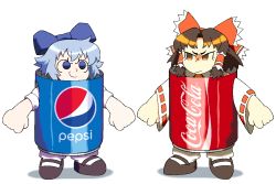 baconpal blue_eyes blue_hair brown_hair can cirno coca-cola hakurei_reimu pepsi shoes tagme touhou white_background