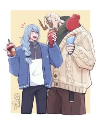 1boy 1girl :d absurdres akasuzu3641 alternate_hairstyle blue_eyes blue_hair blue_jacket braid branch brown_pants cable_knit cardigan cowboy_shot crepe cup dagon_(jujutsu_kaisen) eating flower food green_hoodie hanami_(jujutsu_kaisen) heterochromia highres holding holding_crepe holding_cup holding_food hood hoodie jacket jogo_(jujutsu_kaisen) jujutsu_kaisen long_hair low-tied_long_hair mahito_(jujutsu_kaisen) no_eyes notice_lines open_mouth pants red_flower red_rose rose single_braid smile stitched_arm stitched_face stitched_neck stitches teeth upper_teeth_only white_cardigan yellow_eyes