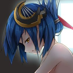 1girl ar_tonelico ar_tonelico_ii bare_shoulders blue_hair female_focus folded_ponytail hair_ornament hazuki_akaoto luca_truelywaath profile short_hair solo yellow_eyes