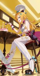 2girls absurdres ankle_bow ankle_ribbon aqua_eyes bare_shoulders birthday_cake black_shoes blonde_hair bow bow_skirt braid breasts cake candle ceiling_light chair chef_hat commentary_request cowlick dress escoffier_(genshin_impact) food fork_hair_ornament from_below genshin_impact hair_between_eyes hand_on_table hand_up hat high_heels highres holding holding_spoon indoors light_blush lomiracle long_hair looking_ahead lumine_(genshin_impact) medium_breasts multiple_girls on_chair out_of_frame red_bow ribbon shoes side_braid sitting skirt spoon table tail thighhighs thighs toque_blanche white_dress white_shoes white_thighhighs wrist_cuffs