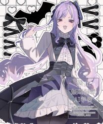 1girl ahoge ascot black_pantyhose bow bowtie center_frills commentary cowboy_shot dress frills gem hairband highres long_hair looking_at_viewer open_mouth pantyhose patterned_legwear pointy_ears purple_ascot purple_bow purple_bowtie purple_eyes purple_gemstone purple_hair purple_hairband shrug_(clothing) smile tokooo_bushi vivian_banshee white_shrug zenless_zone_zero