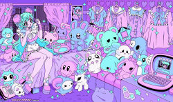 Rule 34 | 1girl, aqua hair, artist name, bed, bedroom, boombox, bow, brown eyes, character request, commentary, computer, copyright request, couch, curtains, dated, ditto, dress, english commentary, frills, gen 1 pokemon, highres, indoors, kirby, kirby (series), laptop, loaded interior, long hair, nintendo, open mouth, original, pastel colors, phone, pillow, platform heels, pokemon, poster (object), rigelwave, school uniform, sitting, skyline, smile, solo, sparkle, stuffed animal, stuffed cat, stuffed rabbit, stuffed shark, stuffed toy, stuffed unicorn, very long hair