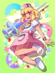 1boy :d ash_ketchum blonde_hair blunt_bangs bow bracelet brown_eyes commentary_request crossdressing cyaneko eyelashes full_body hat highres holding holding_syringe jewelry large_syringe male_focus nintendo open_mouth oversized_object pink_bow pink_hat pink_skirt pokemon pokemon_(anime) pokemon_sm_(anime) sandals shirt short_hair short_sleeves skirt smile solo syringe teeth toes upper_teeth_only z-ring