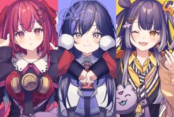 3girls amagase_muyu amagase_muyu_(1st_costume) black_hair cat_hair_ornament color_coordination column_lineup commentary_request earrings grey_eyes hair_ornament hairclip highres jacket jewelry long_hair lq_saku multiple_girls necktie nijisanji one_eye_closed open_clothes open_jacket open_mouth pink_eyes pink_hair ponto_nei ponto_nei_(1st_costume) purple_nails ranunculus_(nijisanji) smile sweater_vest two_side_up umise_yotsuha umise_yotsuha_(1st_costume) virtual_youtuber yellow_eyes