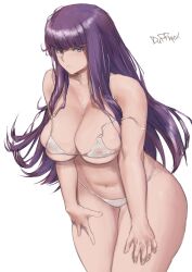 1girl absurdres breasts covered_erect_nipples curvy duffmox fern_(sousou_no_frieren) highres large_breasts long_hair mature_female navel purple_eyes purple_hair see-through_clothes solo sousou_no_frieren thick_thighs thighs tight_clothes wide_hips