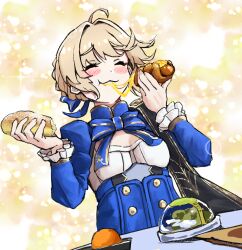 Rule 34 | 1girl, ahoge, artoria pendragon (fate), blonde hair, blue bow, blue bowtie, blue dress, blue ribbon, blush stickers, bow, bowtie, bread, closed eyes, commentary request, dress, eating, fate/stay night, fate/unlimited blade works, fate (series), food, hair ribbon, holding, holding food, honkai: star rail, honkai (series), long sleeves, notonaon, official alternate costume, ribbon, saber (fate), saber (honkai: star rail) (fate), short hair, smile, solo, table