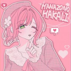 Rule 34 | 1girl, alternate costume, beret, blush, casual, character name, chi kan100, collarbone, double-parted bangs, drop shadow, floating hair, flower, green eyes, hair between eyes, hair flower, hair intakes, hair ornament, hanazono hakari, hand on own chin, hat, head tilt, heart, highres, kimi no koto ga dai dai dai dai daisuki na 100-nin no kanojo, lace, lace-trimmed shirt, lace-trimmed sleeves, lace trim, long sleeves, looking at viewer, ohananomitsu high school uniform, one eye closed, open mouth, outline, pink background, pink hair, pink hat, pink ribbon, pink shirt, pixel art inset, plaid clothes, plaid hat, plaid shirt, portrait, ribbon, school uniform, shirt, shirt ribbon, short hair, short hair with long locks, solo, sparkle, spoken heart, teeth, upper teeth only, v-neck, white flower, white outline