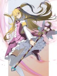 Rule 34 | absurdres, blonde hair, commentary, don quixote (project moon), hair between eyes, highres, limbus company, long hair, looking at viewer, magical girl, pink skirt, project moon, queen of hatred, skirt, thighhighs, thighs, white thighhighs, xiaoniaoyou qing, yellow eyes
