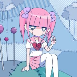 1girl bandaged_arm bandages black_eyes blue_background blunt_bangs bow collar crying ezaki_bisuko hair_bow heart hexagram holding holding_needle jewelry menhera-chan_(ezaki_bisuko) menhera-chan_(ezaki_bisuko)_(character) necklace needle pink_hair pink_sailor_collar pink_skirt pleated_skirt purple_bow purple_collar sailor_collar school_uniform self-harm_scar serafuku short_twintails sidelocks sitting skirt solo star_of_david stitches tears twintails weaving white_serafuku