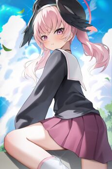 Rule 34 | 1girl, absurdres, beret, black hat, black shirt, black wings, blue archive, blue sky, blush, cloud, cloudy sky, cowboy shot, day, falling leaves, from side, hat, head wings, highres, knee up, koharu (blue archive), leaf, long hair, looking at viewer, looking to the side, mini wings, miniskirt, outdoors, pink eyes, pink hair, pleated skirt, pout, red skirt, sailor collar, school uniform, serafuku, shirt, shuvi (shuvi1125), simple bird, skirt, sky, solo, standing, standing on one leg, sunlight, twintails, white sailor collar, wings