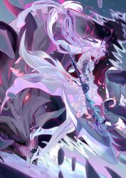 1girl absurdres bare_shoulders black_gloves black_tiara bug butterfly butterfly_ornament castorice_(honkai:_star_rail) closed_mouth dragon dress elbow_gloves flower flower_ornament from_side full_body gloves hair_flower hair_ornament highres holding holding_scythe holding_weapon honkai:_star_rail honkai_(series) iiumiarts insect legwear_cutout long_hair looking_at_viewer looking_to_the_side pointy_ears pollux_(honkai:_star_rail) purple_butterfly purple_eyes purple_hair scythe single_elbow_glove tiara very_long_hair weapon white_dress