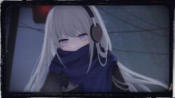 1girl bkornblume black_gloves blue_background blue_eyes blue_scarf covered_mouth gloves grey_hair hand_up headphones highres long_hair looking_at_viewer power_lines reverse:1999 scanlines scarf scarf_over_mouth solo upper_body utility_pole zhijiao_jungu