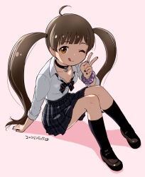 1girl :q ahoge arm_support bangle black_bow black_bowtie black_choker black_nails black_socks blunt_bangs bow bowtie bracelet breasts brown_eyes brown_hair choker collarbone collared_shirt concept_gyarus_(idolmaster) dated diagonal-striped_bow diagonal-striped_bowtie diagonal-striped_clothes dot_nose earrings eyelashes full_body grey_skirt gyaru hakozaki_serika hand_up heart heart_choker idolmaster idolmaster_million_live! idolmaster_million_live!_theater_days jewelry knees_together_feet_apart knees_up long_hair loose_bowtie nagian official_alternate_costume one_eye_closed open_collar pink_background plaid_clothes plaid_skirt pleated_skirt purple_scrunchie school_uniform scrunchie shadow shirt sidelocks silver_bangle silver_bracelet silver_ring simple_background sitting skirt sleeves_rolled_up small_breasts socks solo striped_clothes tongue tongue_out twintails v very_long_hair wavy_hair white_shirt wrist_scrunchie