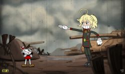 Rule 34 | 1930s (style), 1boy, 1girl, adjusting clothes, ahoge, andro juniarto, angry, belt, blonde hair, blue eyes, brown footwear, buttons, crossover, cuphead, cuphead (game), double-breasted, drinking straw, fake screenshot, gameplay mechanics, gem, gloves, health bar, high collar, long sleeves, military, military uniform, outdoors, parody, ponytail, retro artstyle, salute, standing, straight-arm salute, style parody, tanya degurechaff, teeth, toon (style), video game, white gloves, youjo senki