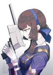 Rule 34 | 1girl, adapted turret, black gloves, blue hairband, blue ribbon, boushi-ya, brown hair, freckles, gloves, green eyes, grey background, hair ribbon, hairband, highres, holding, holding turret, kantai collection, long hair, mogador (kancolle), mogador kai (kancolle), necktie, ribbon, simple background, solo, turret, upper body