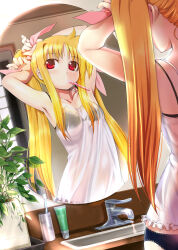 Rule 34 | 1girl, absurdres, adjusting hair, ahoge, armpits, arms up, bathroom, black bra, black panties, blonde hair, blurry, bow, bra, breasts, brushing teeth, camisole, depth of field, dutch angle, fate testarossa, hair bow, highres, lingerie, long hair, lyrical nanoha, mahou shoujo lyrical nanoha, mikazuki akira!, mirror, mouth hold, panties, plant, potted plant, red eyes, reflection, see-through clothes, sink, small breasts, solo, standing, toothbrush, toothpaste, twintails, underwear, very long hair, water