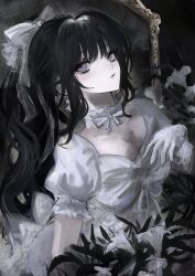 1girl akai_ringo_(eveyuno) black_hair breasts choker dress gloves goth_fashion highres indoors lolita_fashion long_sleeves mirror non-web_source original solo white_dress white_gloves white_headdress window