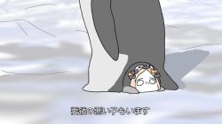 1girl 1koma abigail_williams_(fate) animal_costume animal_hood bird black_bow blonde_hair bow comic commentary_request crushed fate/grand_order fate_(series) female_focus hair_bow hood ice lying orange_bow pancake_abby parody parted_bangs penguin penguin_costume penguin_hood segmented_comic sitting sitting_on_person solo translated