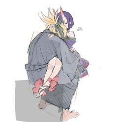 1boy 1girl absurdres barefoot blonde_hair bob_cut fate/grand_order fate_(series) head_on_chest hetero highres horns hug japanese_clothes kimono ponytail purple_hair sakata_kintoki_(fate) sakata_kintoki_(heian_warrior_attire)_(fate) sake_onicure shuten_douji_(fate) simple_background sitting sitting_on_lap sitting_on_person sketch skin-covered_horns white_background