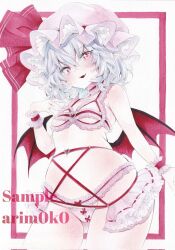 1girl arim0k0 artist_name bat_wings blush border bra commentary cowboy_shot fang frilled_bra frills grey_hair hat hat_ribbon highres lingerie looking_at_viewer marker_(medium) midriff mob_cap open_mouth panties pink_hat pointy_ears red_border red_eyes red_ribbon remilia_scarlet ribbon sample_watermark short_hair skin_fang solo touhou traditional_media underwear watermark wings wrist_cuffs