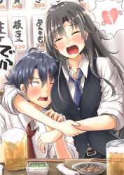 Rule 34 | 1girl, ahoge, alcohol, ashtray, ayachanman, beer, beer mug, black hair, black vest, blue necktie, breasts, chopsticks, cigarette butt, closed mouth, collared shirt, commentary request, crying, cup, face to breasts, hetero, highres, hikigaya hachiman, hiratsuka shizuka, hug, indoors, izakaya, large breasts, long hair, mug, necktie, open mouth, red necktie, shirt, short hair, sleeves rolled up, speech bubble, spoken broken heart, table, thought bubble, towel, translation request, vest, white shirt, wince, yahari ore no seishun lovecome wa machigatteiru.