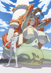 1boy 1girl absurdres areola_slip arm_hair armpit_crease armpits arms_up bound bound_arms breast_curtains breasts bushy_eyebrows chinese_clothes chinese_dragon chinese_zodiac clenched_teeth cloud cloudy_sky colored_skin convenient_censoring covered_erect_nipples crown curly_hair curvy day dragon dragon_horns dragon_tail dummy eastern_dragon faceless faceless_male featureless_crotch featureless_face from_below full_body giant giantess green_skin guan_hat highres horns huge_breasts humanization kneeling large_areolae legs long_hair looking_down looking_to_the_side monster_girl muscular muscular_male navel no_genitals nude on_floor orange_eyes orange_hair outdoors perspective pillar pointy_nose public_indecency public_nudity restrained rope scroll shadow size_difference sky smaller_dominant standing stomach tail talking teeth thick_eyebrows thick_thighs thighs whiskers wohaimeiyou